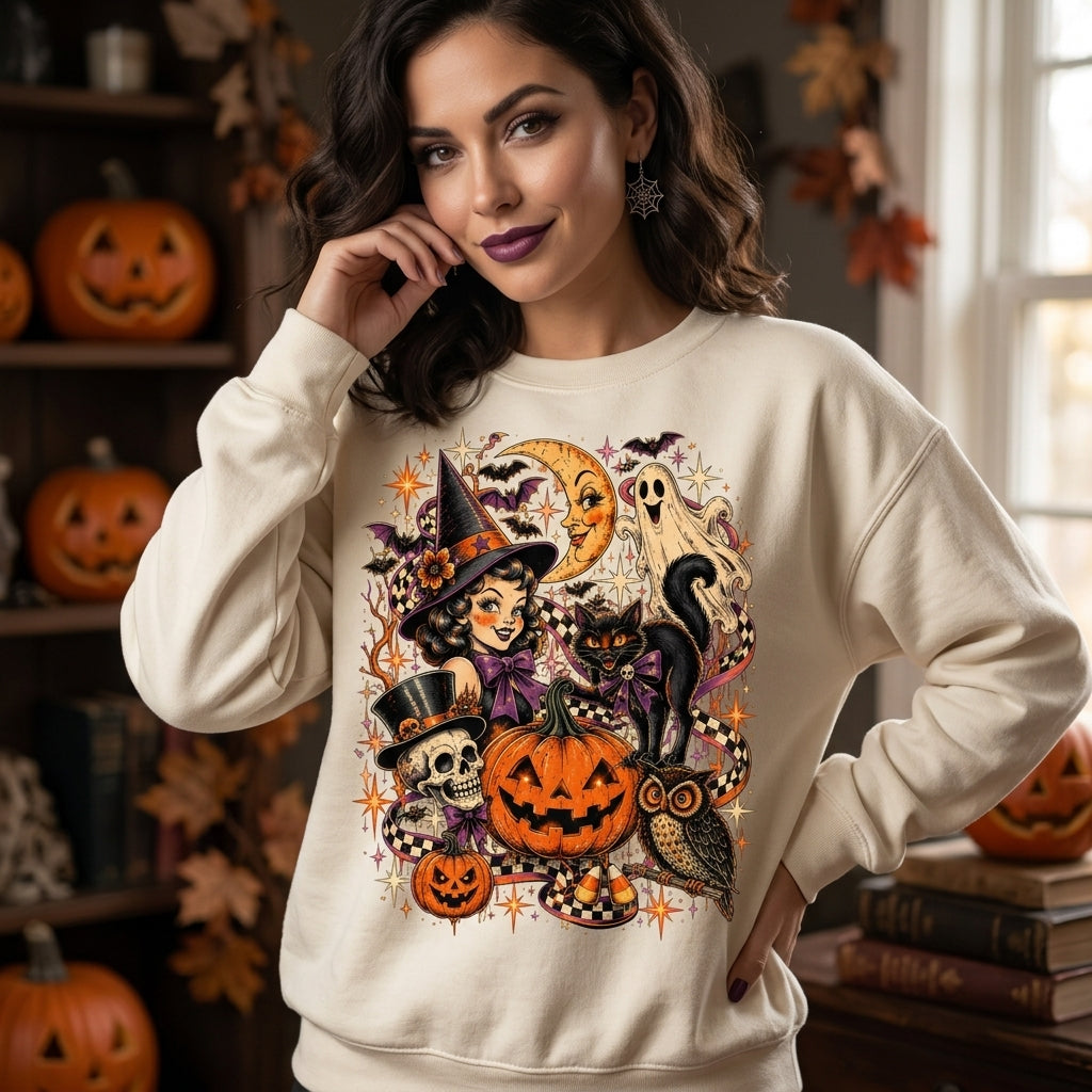 Retro Halloween Collage T-shirt Sweatshirt Hoodie – Vintage Witch & Ghost Graphic Tee - mockup 2