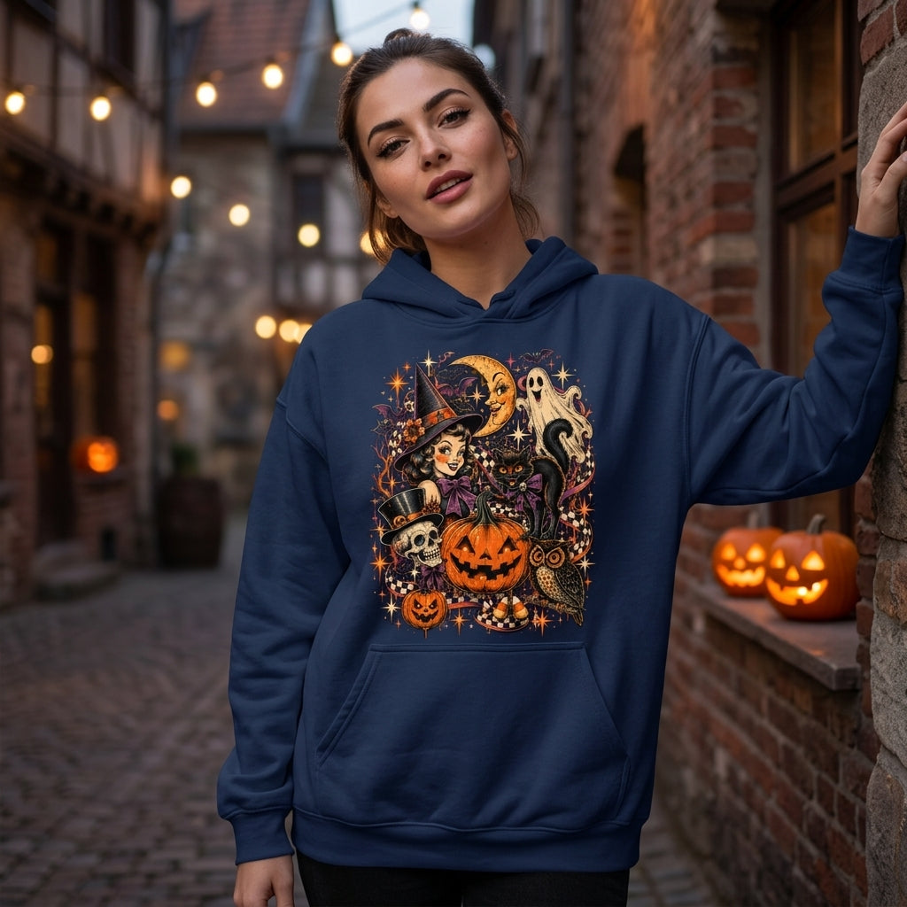 Retro Halloween Collage T-shirt Sweatshirt Hoodie – Vintage Witch & Ghost Graphic Tee - mockup 3