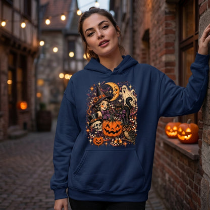 Retro Halloween Collage T-shirt Sweatshirt Hoodie – Vintage Witch & Ghost Graphic Tee - mockup 3