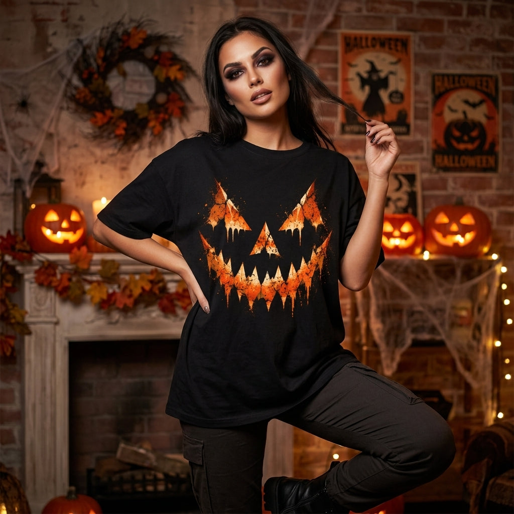 Grunge Jack O Lantern Halloween T-shirt Sweatshirt Hoodie – Spooky Pumpkin Face Fall Top - mockup 1
