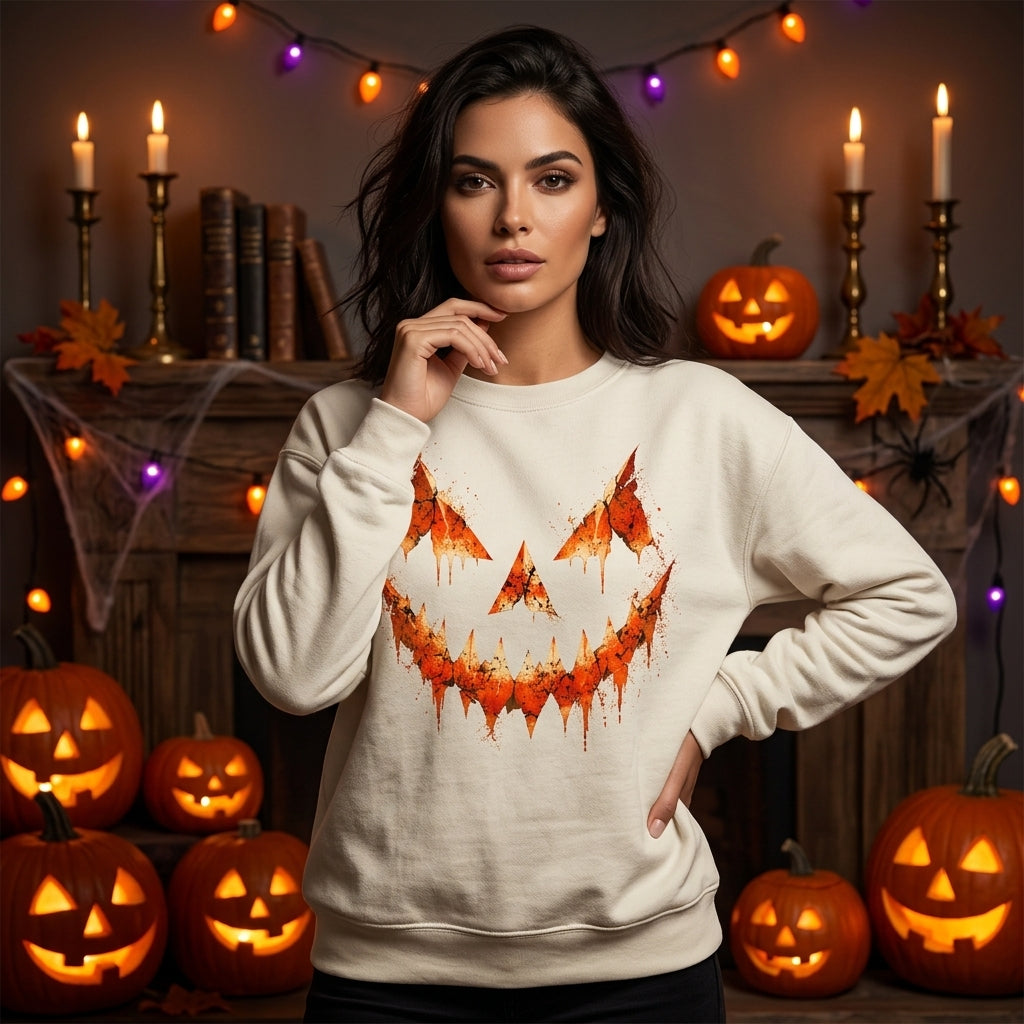 Grunge Jack O Lantern Halloween T-shirt Sweatshirt Hoodie – Spooky Pumpkin Face Fall Top - mockup 2