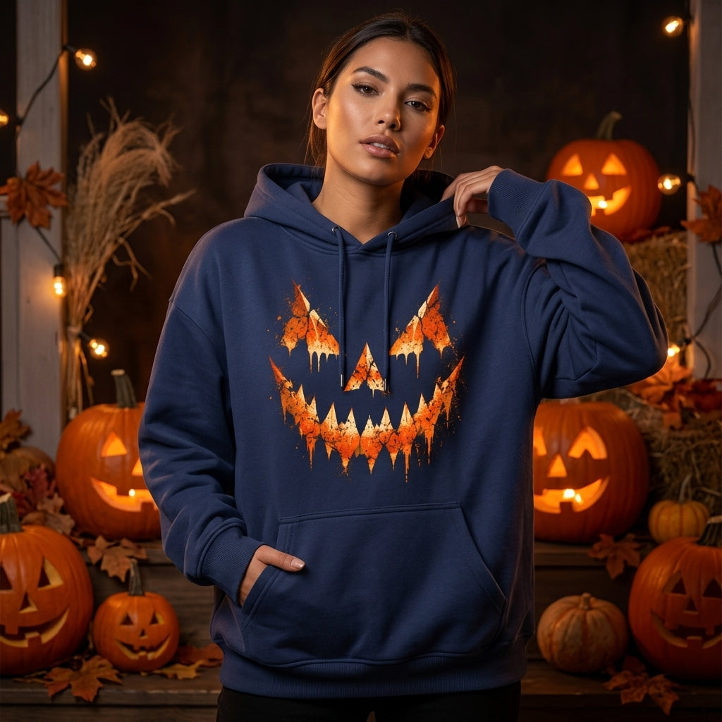 Grunge Jack O Lantern Halloween T-shirt Sweatshirt Hoodie – Spooky Pumpkin Face Fall Top - mockup 3
