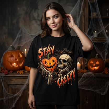 Stay Creepy Halloween Skull and Pumpkin T-shirt Sweatshirt Hoodie – Spooky Season Outfit - mockup 1