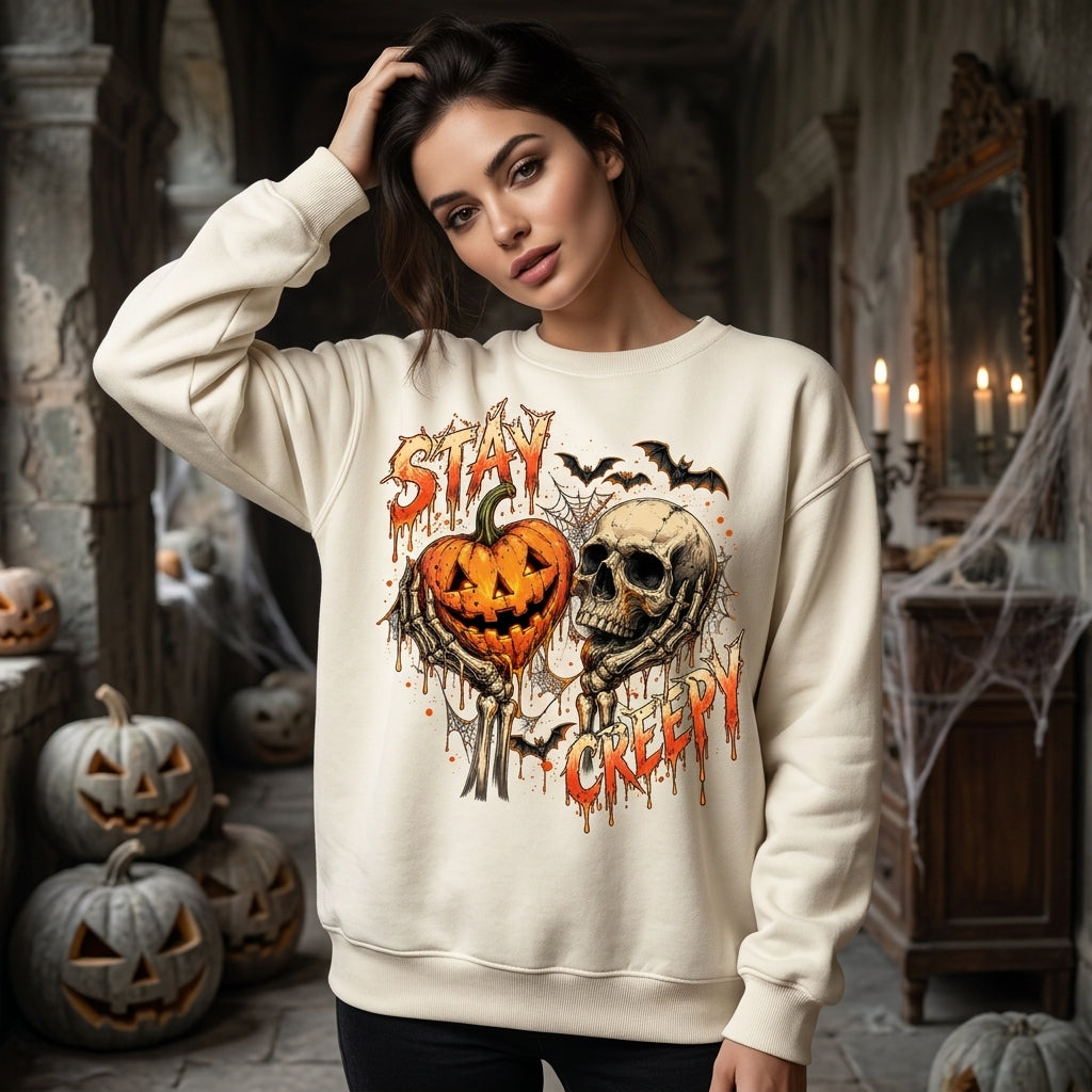 Stay Creepy Halloween Skull and Pumpkin T-shirt Sweatshirt Hoodie – Spooky Season Outfit - mockup 2