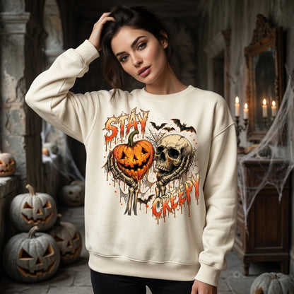 Stay Creepy Halloween Skull and Pumpkin T-shirt Sweatshirt Hoodie – Spooky Season Outfit - mockup 2
