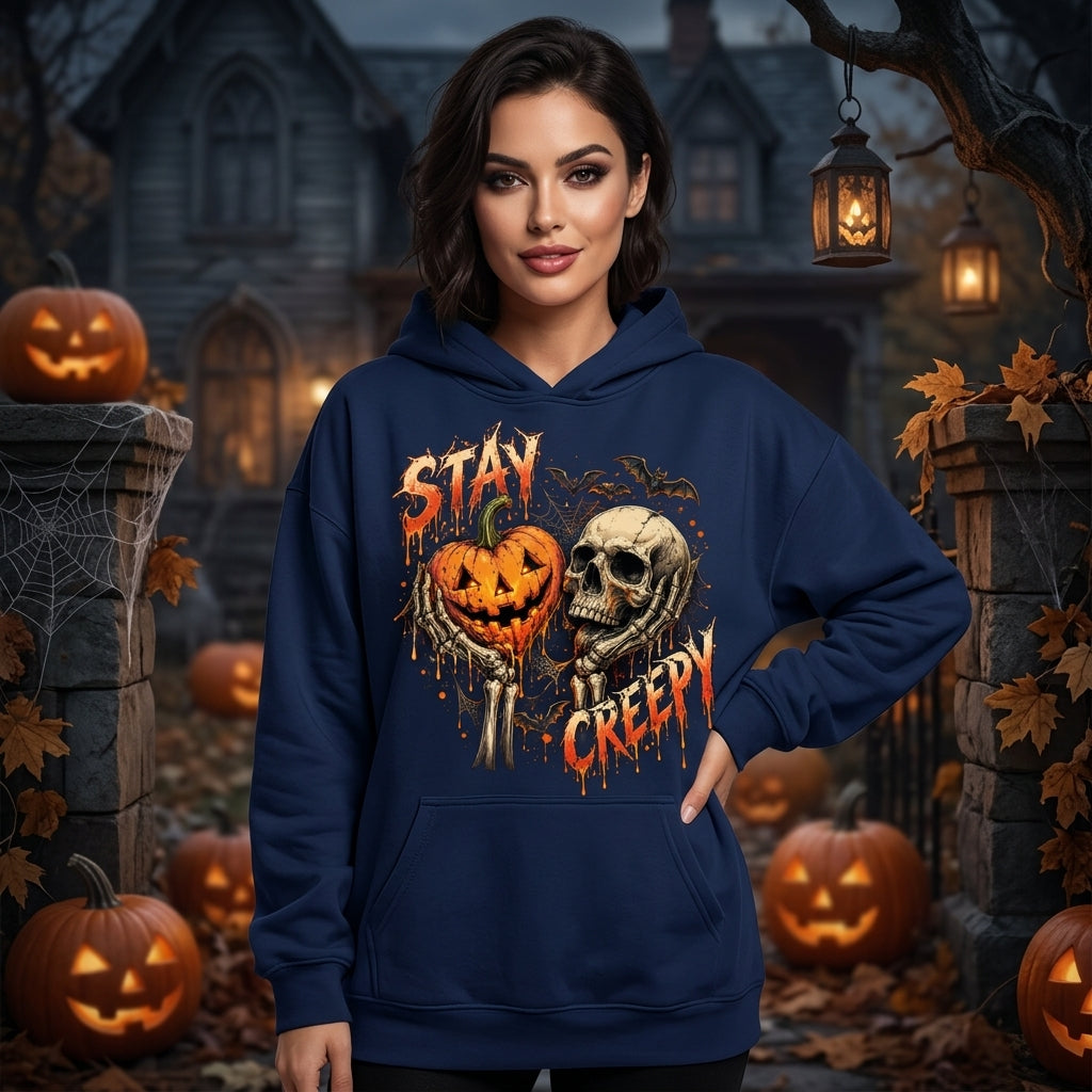 Stay Creepy Halloween Skull and Pumpkin T-shirt Sweatshirt Hoodie – Spooky Season Outfit - mockup 3
