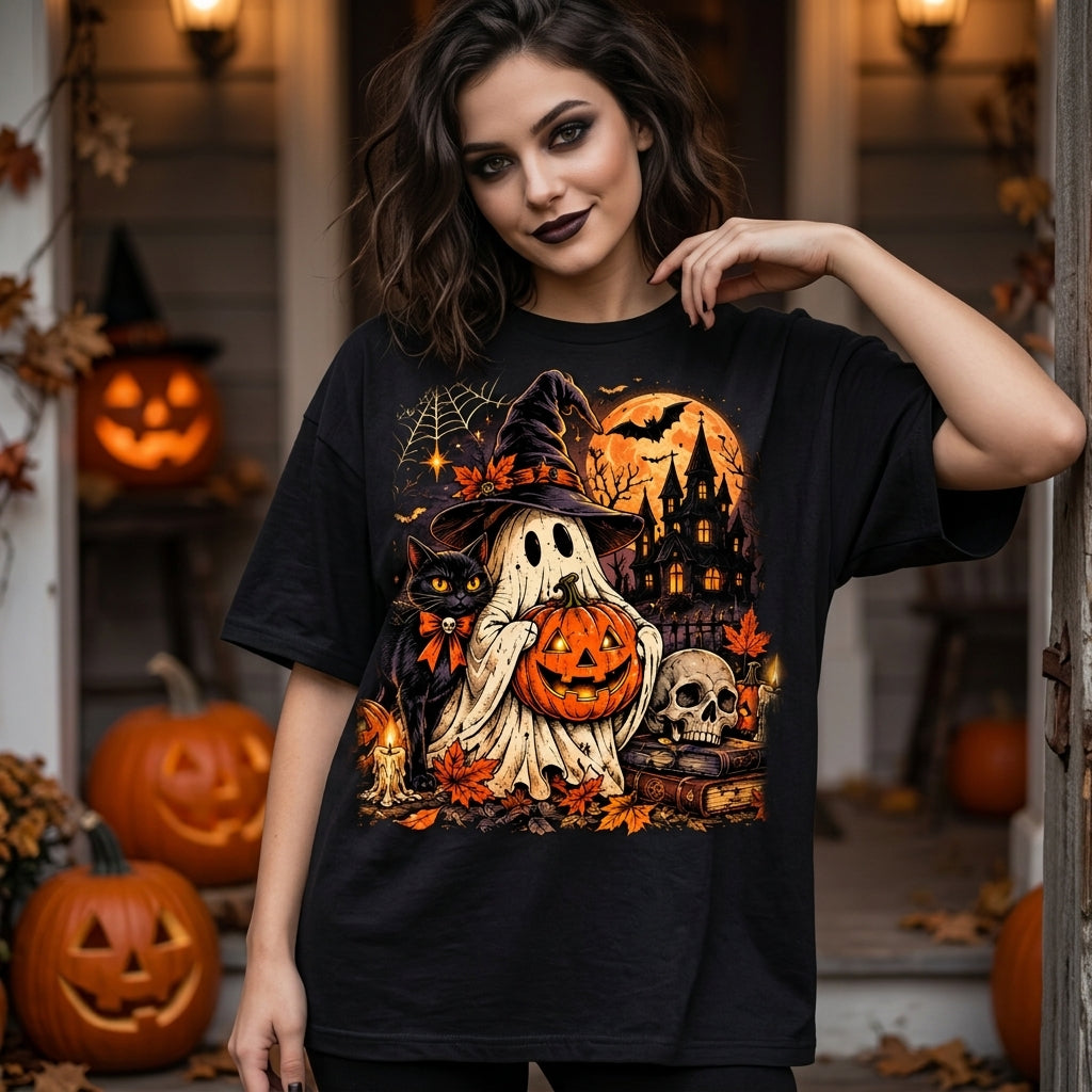 Gothic Pumpkin Witch Cat Vintage Halloween T-shirt Sweatshirt Hoodie - Spooky Fall Apparel - mockup 1