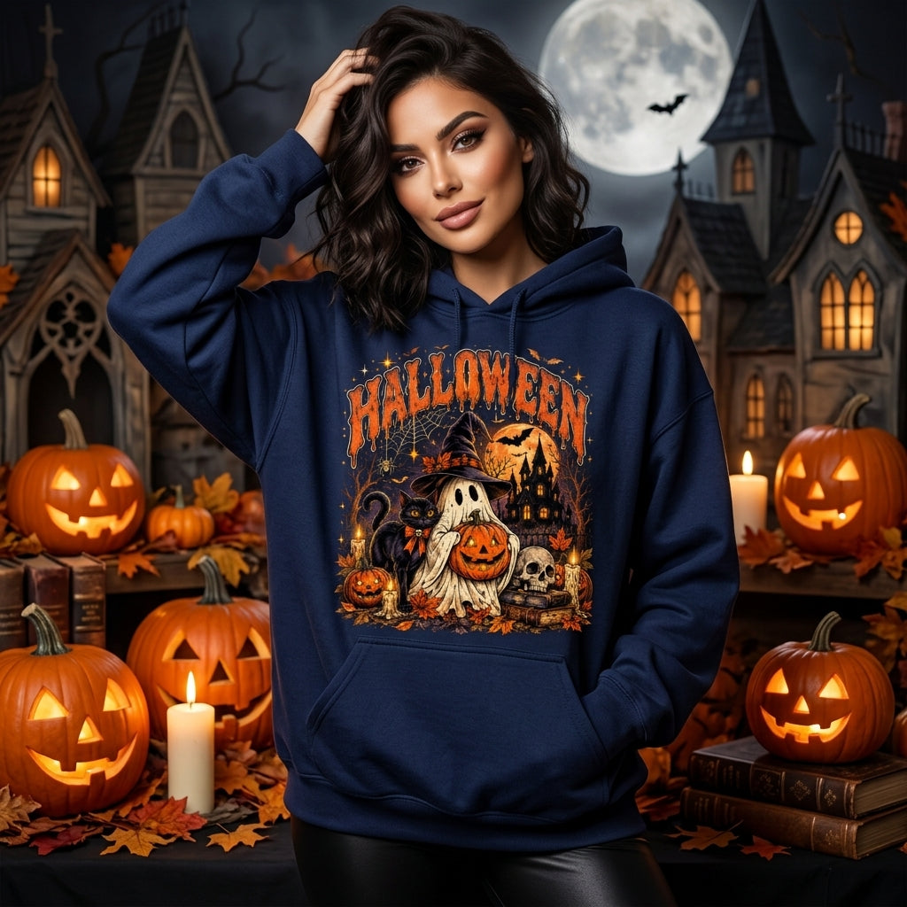 Gothic Pumpkin Witch Cat Vintage Halloween T-shirt Sweatshirt Hoodie - Spooky Fall Apparel - mockup 3