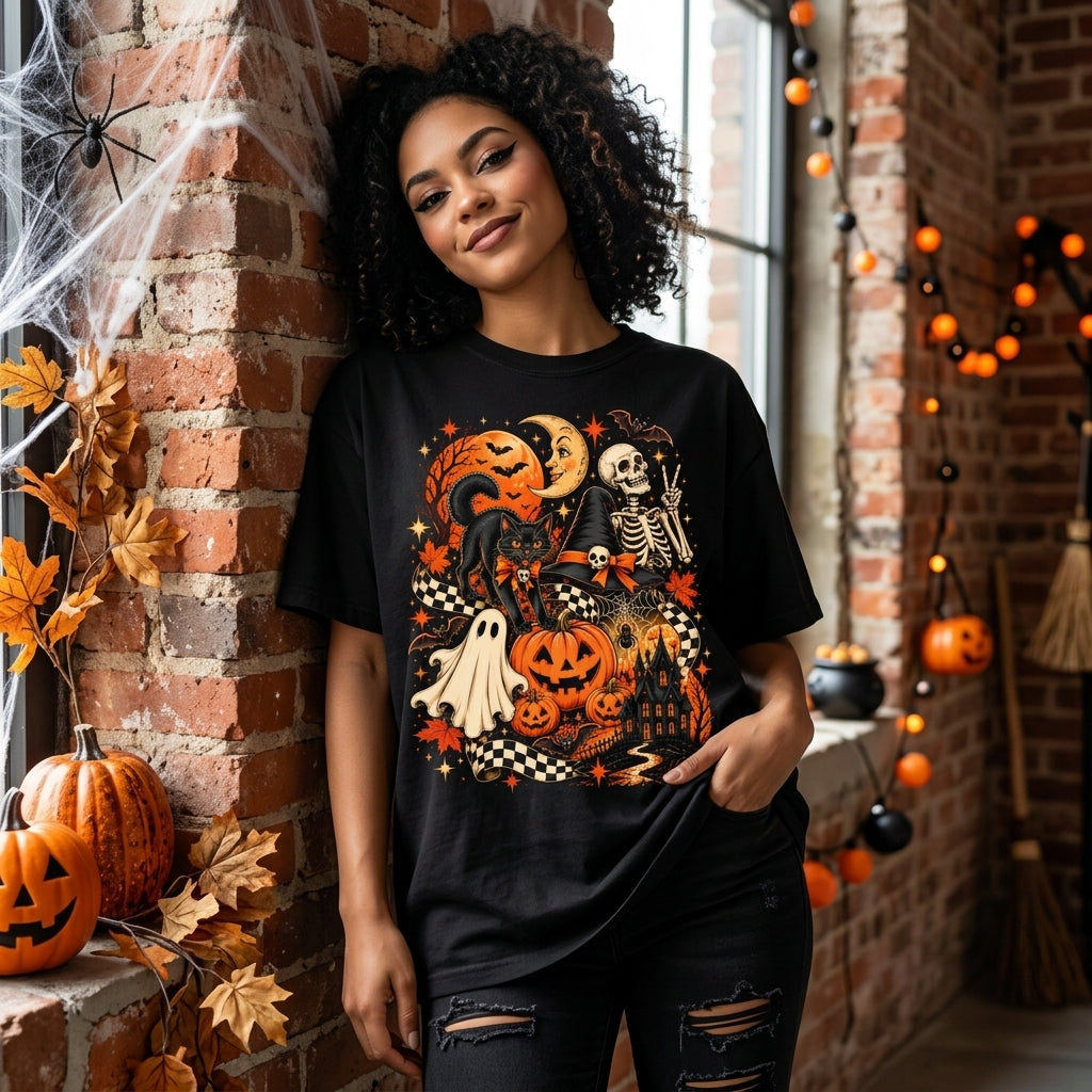 Vintage Black Cat Ghost Skeleton Retro Halloween T-shirt Sweatshirt Hoodie – Spooky Cute Gift - mockup 1