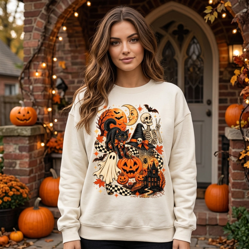 Vintage Black Cat Ghost Skeleton Retro Halloween T-shirt Sweatshirt Hoodie – Spooky Cute Gift - mockup 2