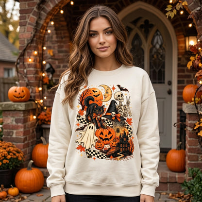 Vintage Black Cat Ghost Skeleton Retro Halloween T-shirt Sweatshirt Hoodie – Spooky Cute Gift - mockup 2