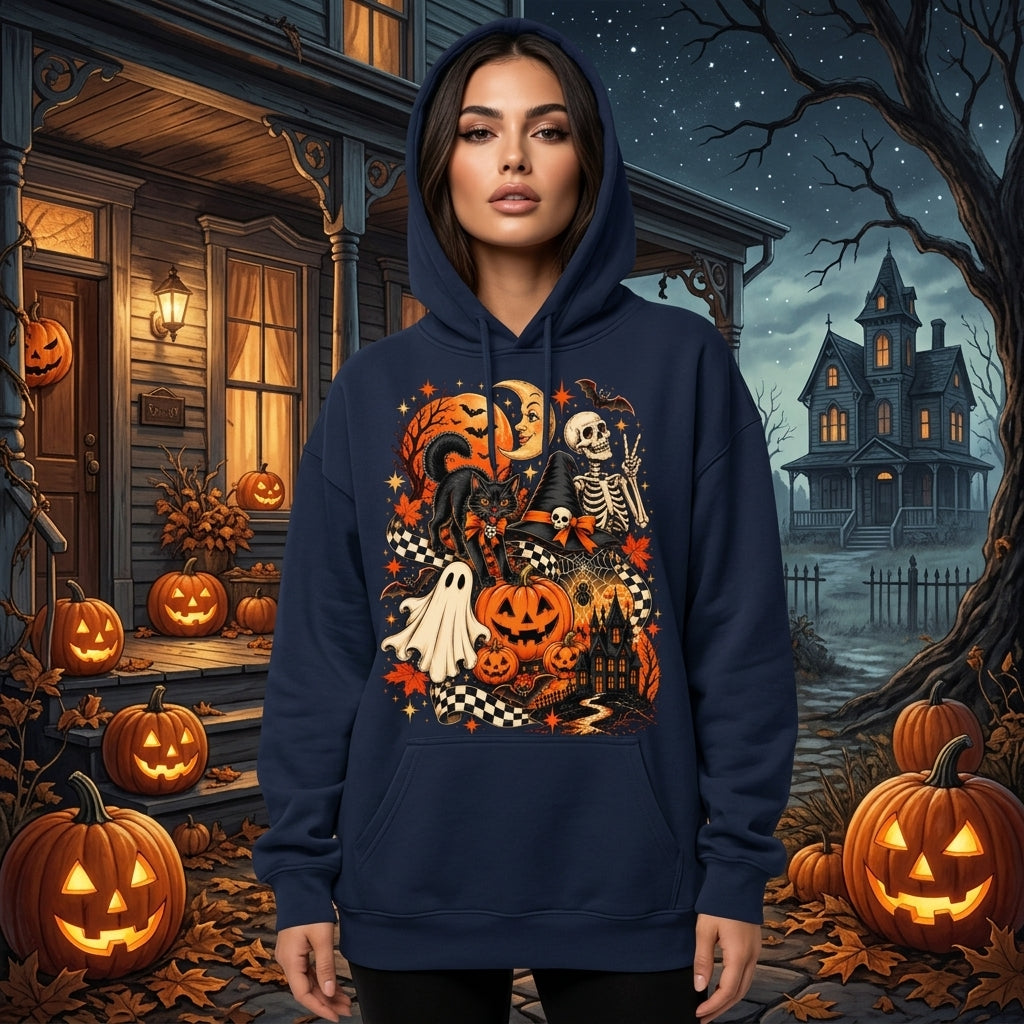Vintage Black Cat Ghost Skeleton Retro Halloween T-shirt Sweatshirt Hoodie – Spooky Cute Gift - mockup 3