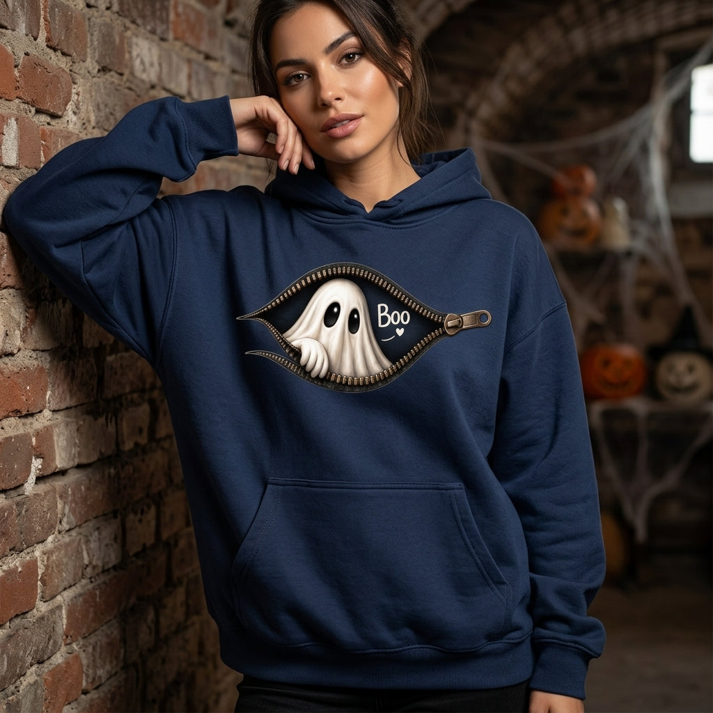 Peeking Ghost Zipper Design Halloween T-shirt Sweatshirt Hoodie – Spooky Season Apparel - mockup 2