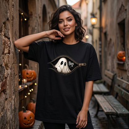 Peeking Ghost Zipper Design Halloween T-shirt Sweatshirt Hoodie – Spooky Season Apparel - mockup 3