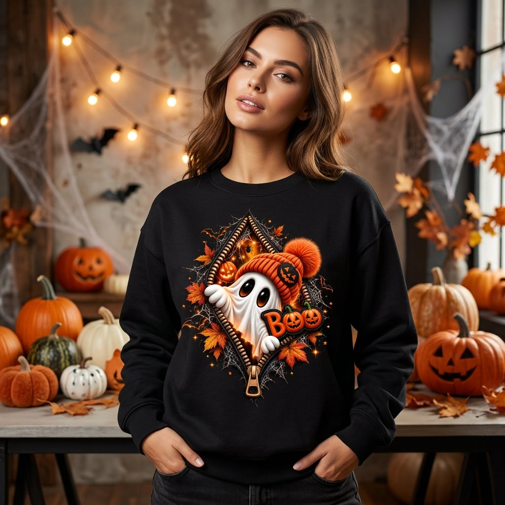 Cute Ghost Peeking Zipper Halloween T-shirt Sweatshirt Hoodie – Fall Spooky Graphic Apparel - mockup 1