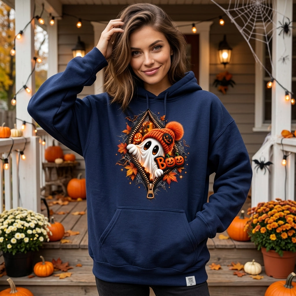Cute Ghost Peeking Zipper Halloween T-shirt Sweatshirt Hoodie – Fall Spooky Graphic Apparel - mockup 2