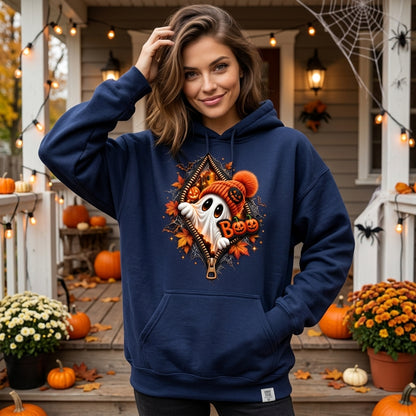 Cute Ghost Peeking Zipper Halloween T-shirt Sweatshirt Hoodie – Fall Spooky Graphic Apparel - mockup 2