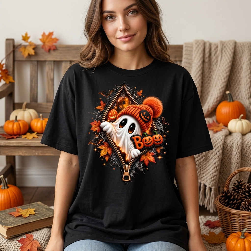 Cute Ghost Peeking Zipper Halloween T-shirt Sweatshirt Hoodie – Fall Spooky Graphic Apparel - mockup 3