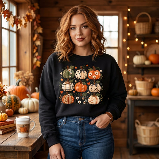 Patchwork Pumpkin Pattern T-shirt Sweatshirt Hoodie – Boho Cottagecore Fall Gift for Her - mockup 1