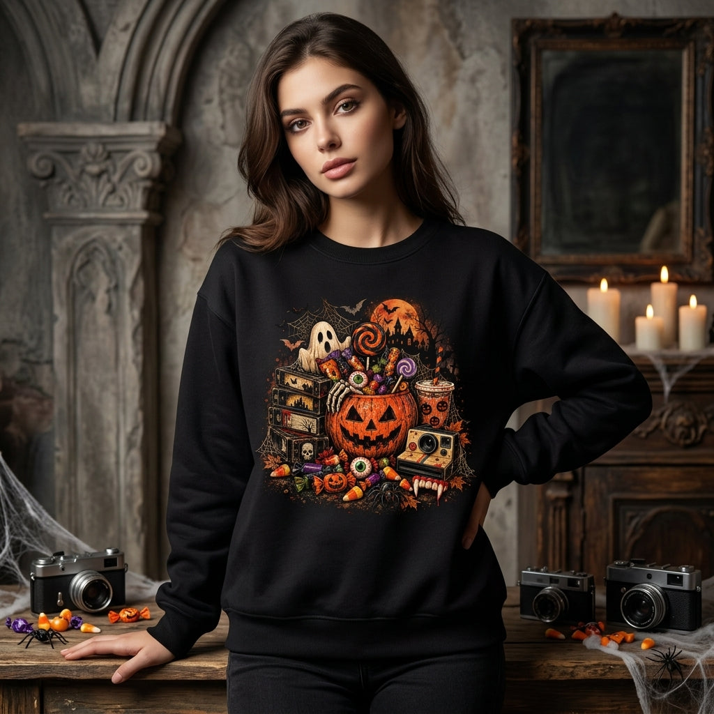 Vintage 90s Halloween Candy & VHS T-shirt Sweatshirt Hoodie – Retro Spooky Gift - mockup 1