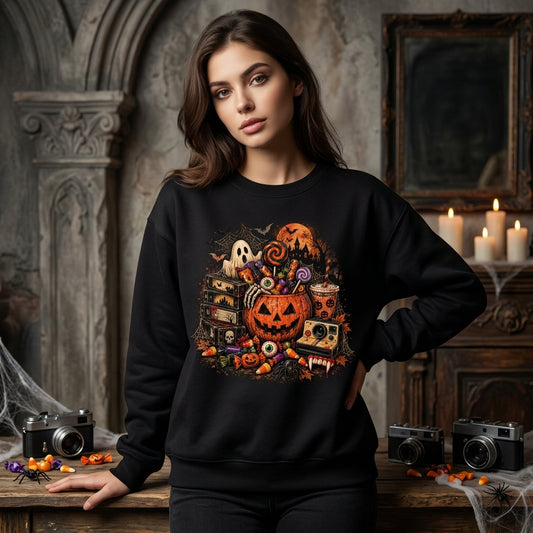 Vintage 90s Halloween Candy & VHS T-shirt Sweatshirt Hoodie – Retro Spooky Gift - mockup 1