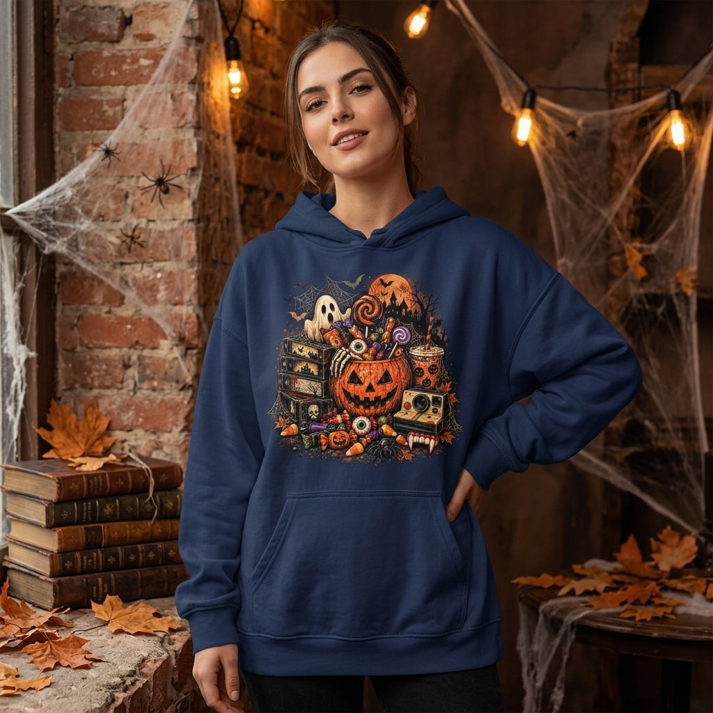 Vintage 90s Halloween Candy & VHS T-shirt Sweatshirt Hoodie – Retro Spooky Gift - mockup 2