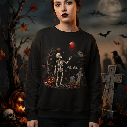 Well Shit Halloween Skeleton Red Balloon T-shirt Sweatshirt Hoodie – Funny Spooky Apparel - mockup 1