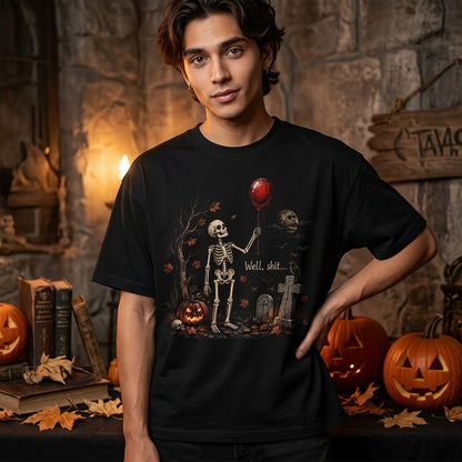 Well Shit Halloween Skeleton Red Balloon T-shirt Sweatshirt Hoodie – Funny Spooky Apparel - mockup 3