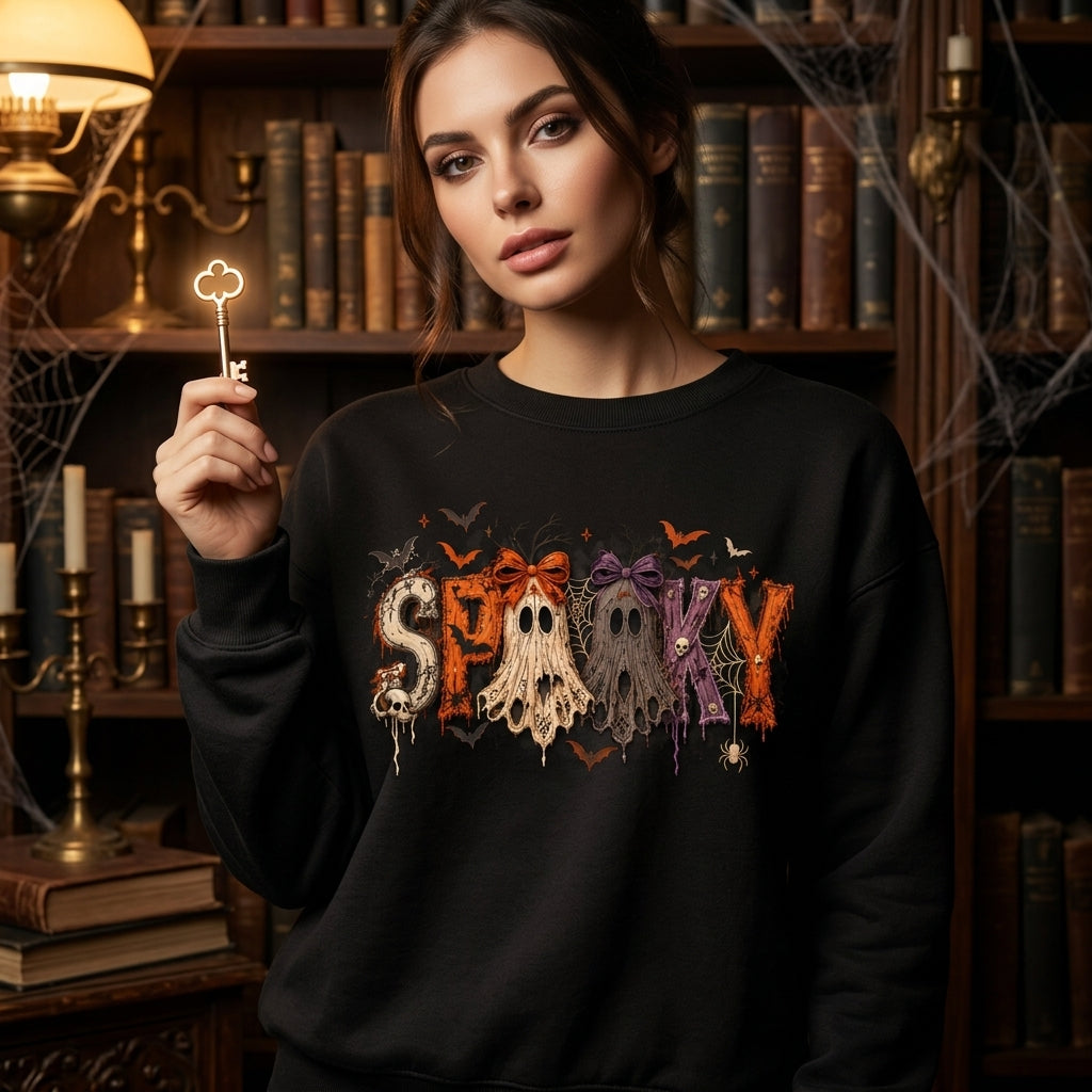 Spooky Ghost Bow Coquette Halloween T-shirt Sweatshirt Hoodie – Cute Gothic Graphic Top - mockup 1