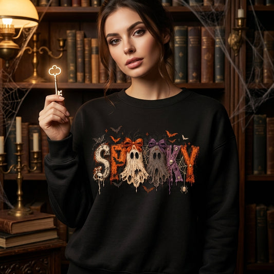 Spooky Ghost Bow Coquette Halloween T-shirt Sweatshirt Hoodie – Cute Gothic Graphic Top - mockup 1