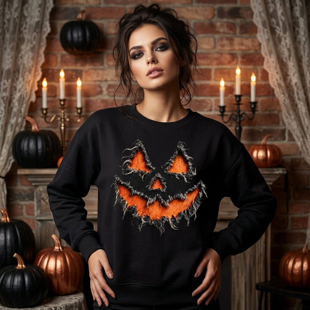 Reverse Applique Fall Pumpkin Design T-shirt Sweatshirt Hoodie - Rustic Halloween Graphic - mockup 1