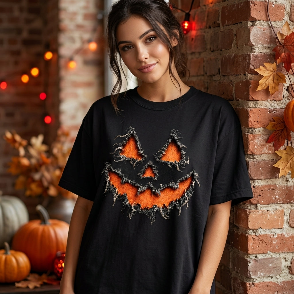 Reverse Applique Fall Pumpkin Design T-shirt Sweatshirt Hoodie - Rustic Halloween Graphic - mockup 3