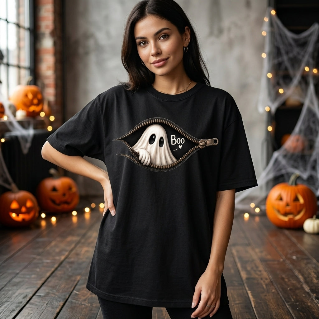 Peeking Ghost Zipper Halloween T-shirt Sweatshirt Hoodie - Spooky Cute Fall Apparel - mockup 1