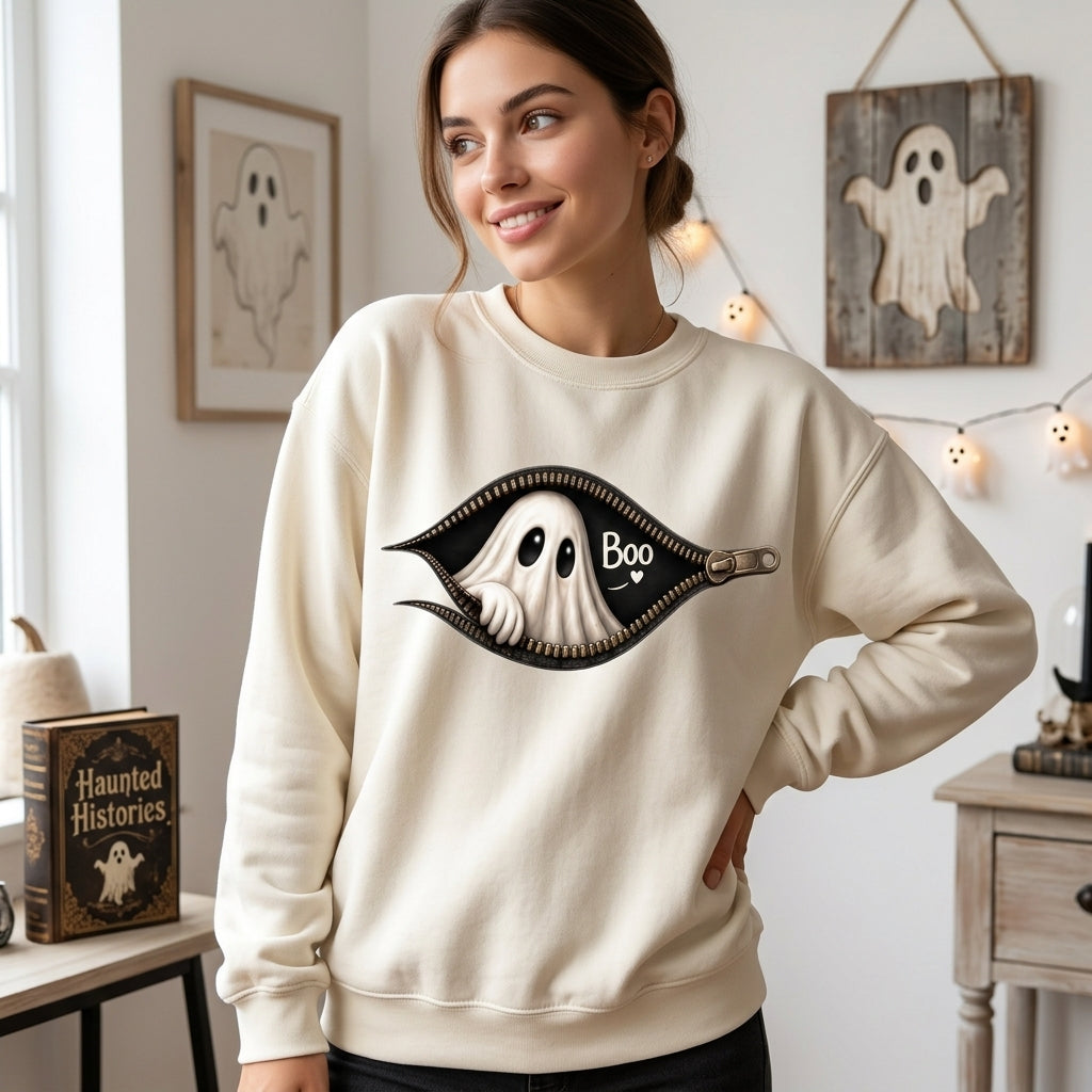 Peeking Ghost Zipper Halloween T-shirt Sweatshirt Hoodie - Spooky Cute Fall Apparel - mockup 2