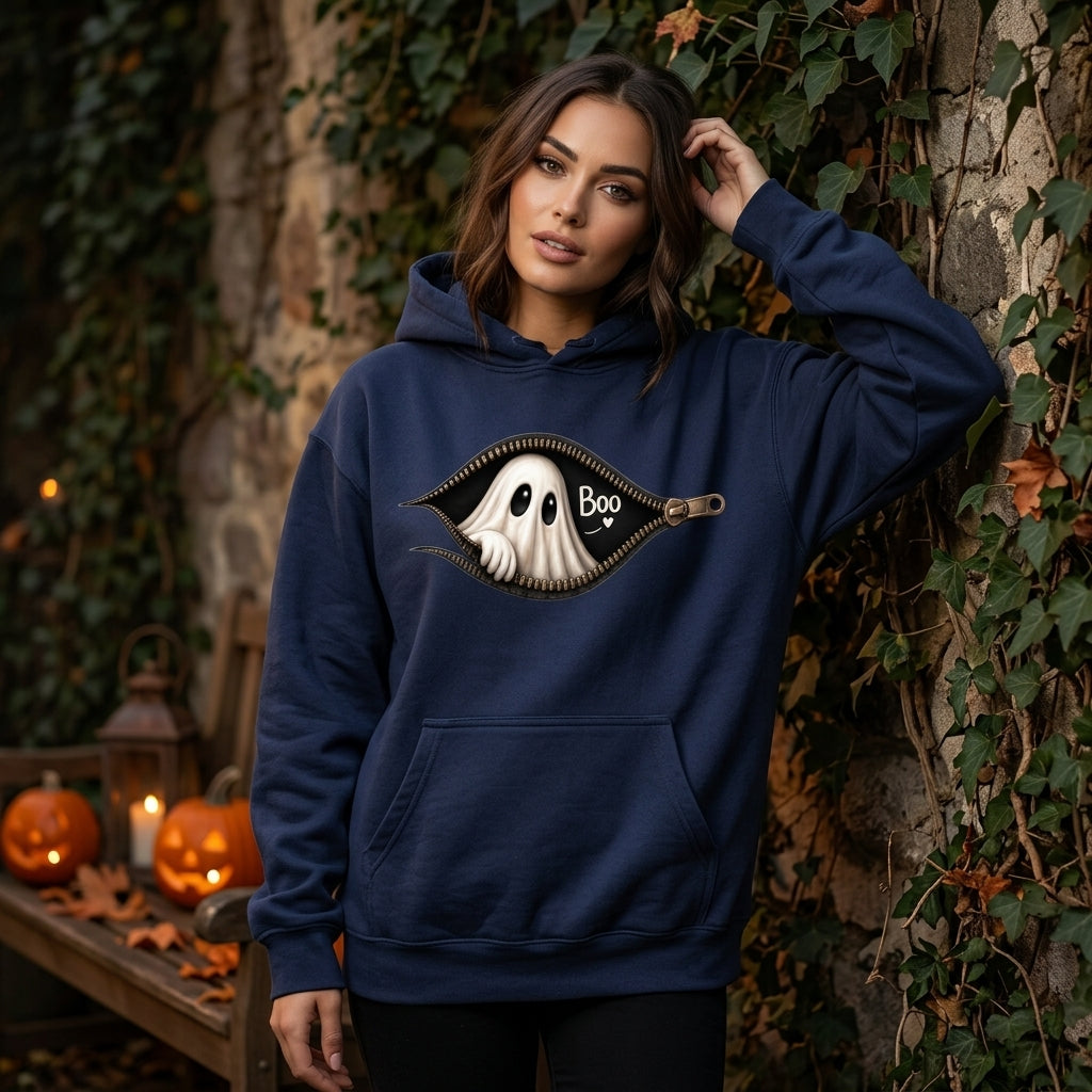 Peeking Ghost Zipper Halloween T-shirt Sweatshirt Hoodie - Spooky Cute Fall Apparel - mockup 3
