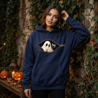 Peeking Ghost Zipper Halloween T-shirt Sweatshirt Hoodie - Spooky Cute Fall Apparel - mockup 3