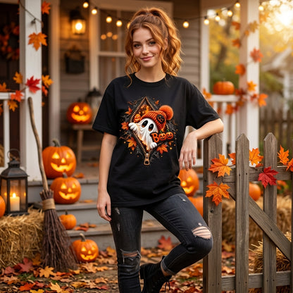 Cute Ghost Peeking Zipper 11 Halloween T-shirt Sweatshirt Hoodie – Festive Fall Season Apparel - mockup 1