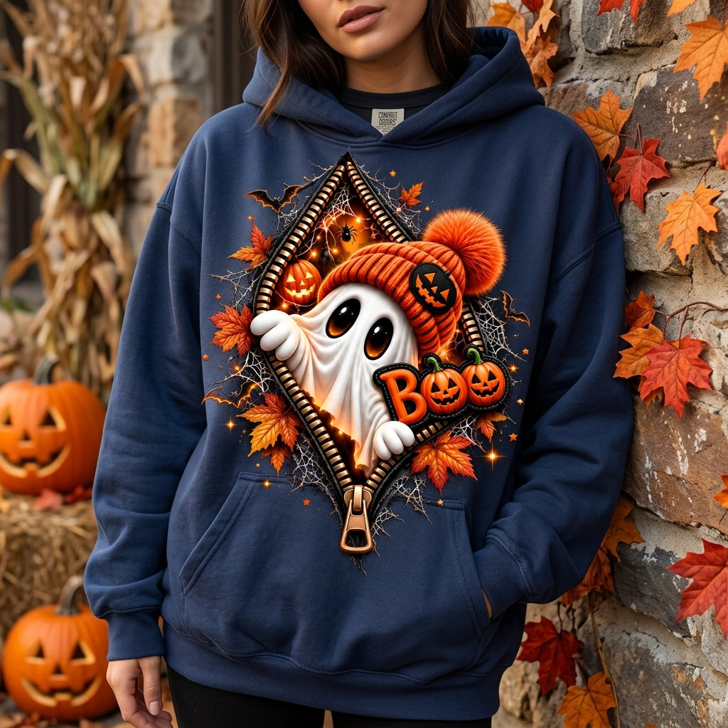 Cute Ghost Peeking Zipper 11 Halloween T-shirt Sweatshirt Hoodie – Festive Fall Season Apparel - mockup 3