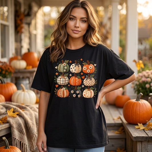 Patchwork Pumpkin Pattern Fall T-shirt Sweatshirt Hoodie – Boho Cottagecore Thanksgiving Gift for Her - mockup 1