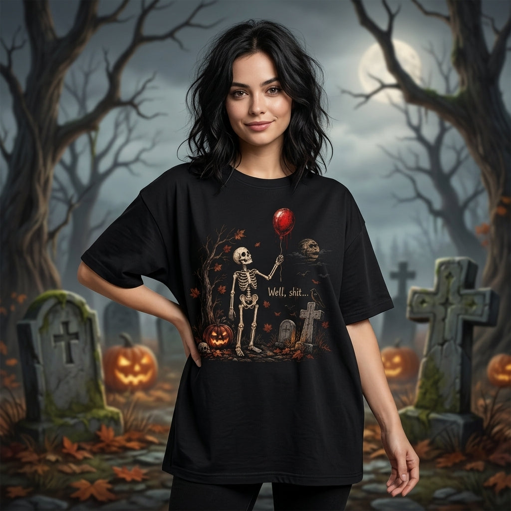 Well Shit Halloween Skeleton with Red Balloon T-shirt Sweatshirt Hoodie - mockup 1