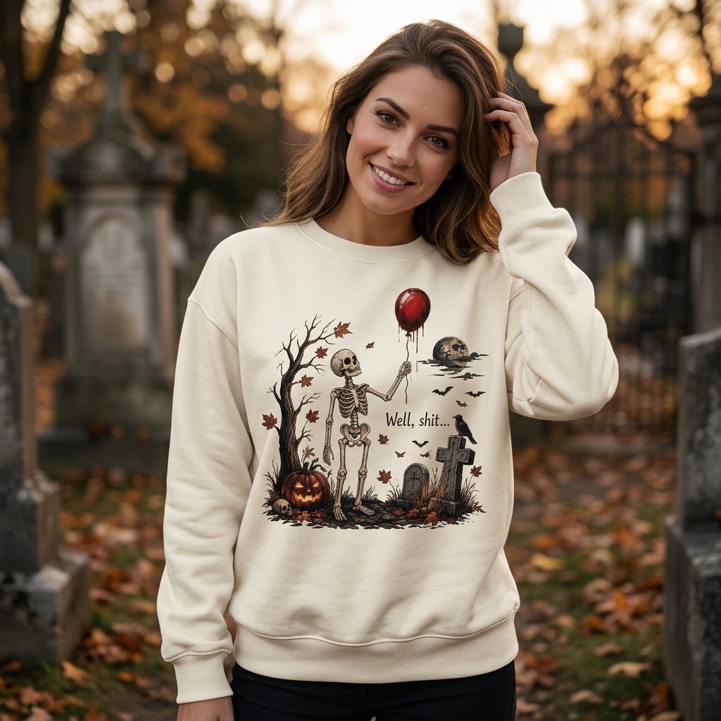 Well Shit Halloween Skeleton with Red Balloon T-shirt Sweatshirt Hoodie - mockup 2