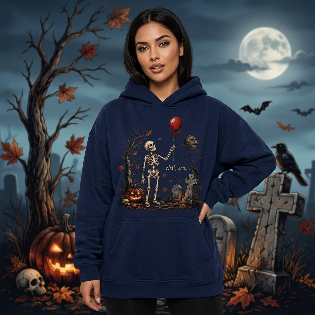 Well Shit Halloween Skeleton with Red Balloon T-shirt Sweatshirt Hoodie - mockup 3