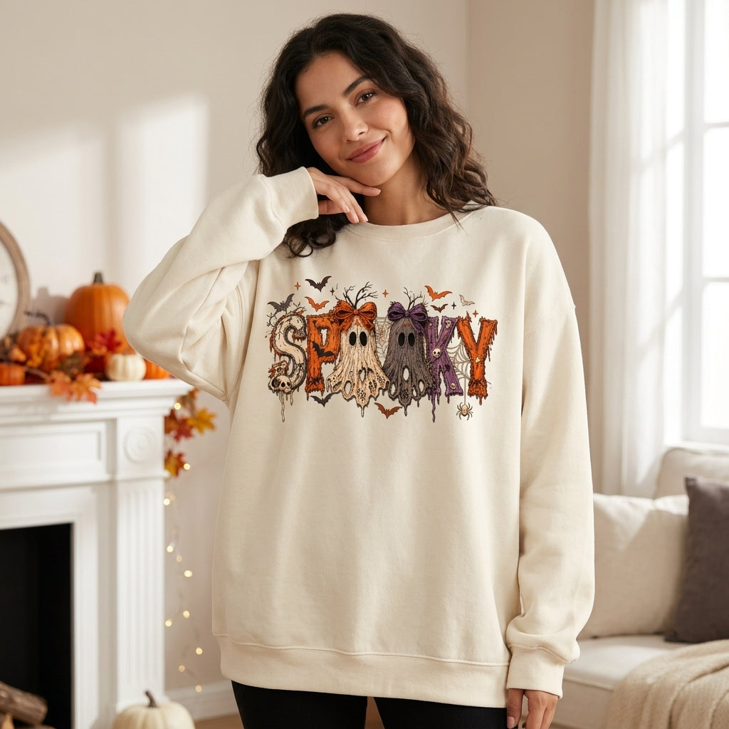Spooky Ghost Bow Coquette Halloween T-shirt Sweatshirt Hoodie – Cute Spooky Season Apparel - mockup 2