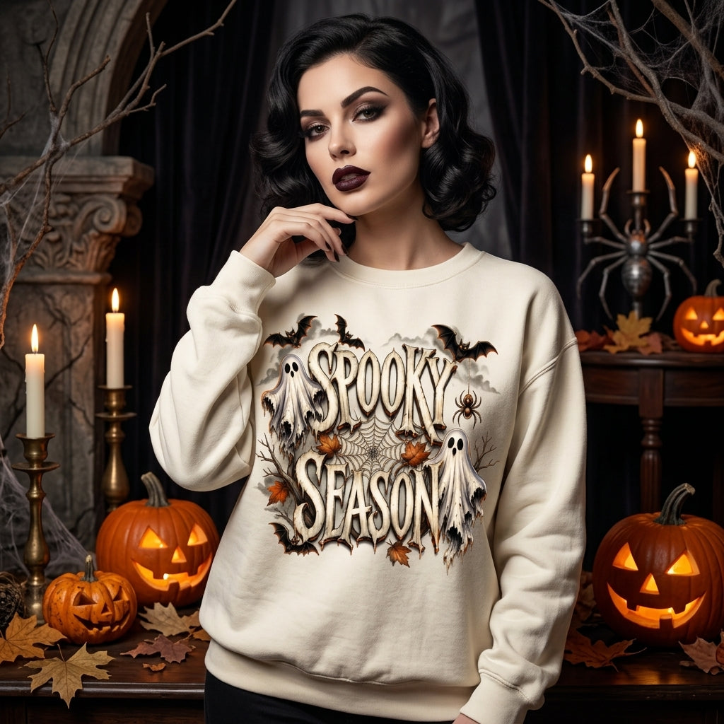 Spooky Season Halloween Ghosts and Bats T-shirt Sweatshirt Hoodie – Fall Apparel - mockup 2