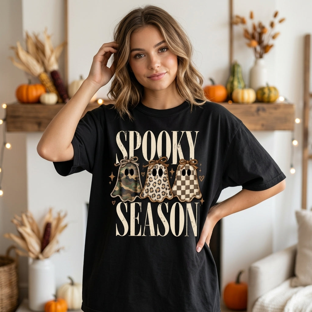Retro Patch Ghost Spooky Season T-shirt Sweatshirt Hoodie - Cute Halloween Graphic Apparel - mockup 1