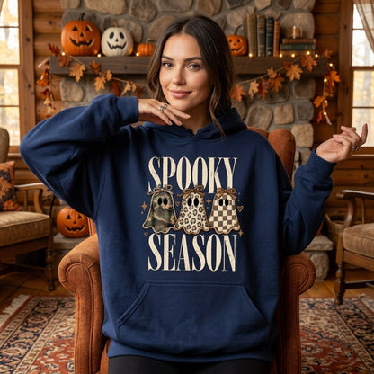 Retro Patch Ghost Spooky Season T-shirt Sweatshirt Hoodie - Cute Halloween Graphic Apparel - mockup 3