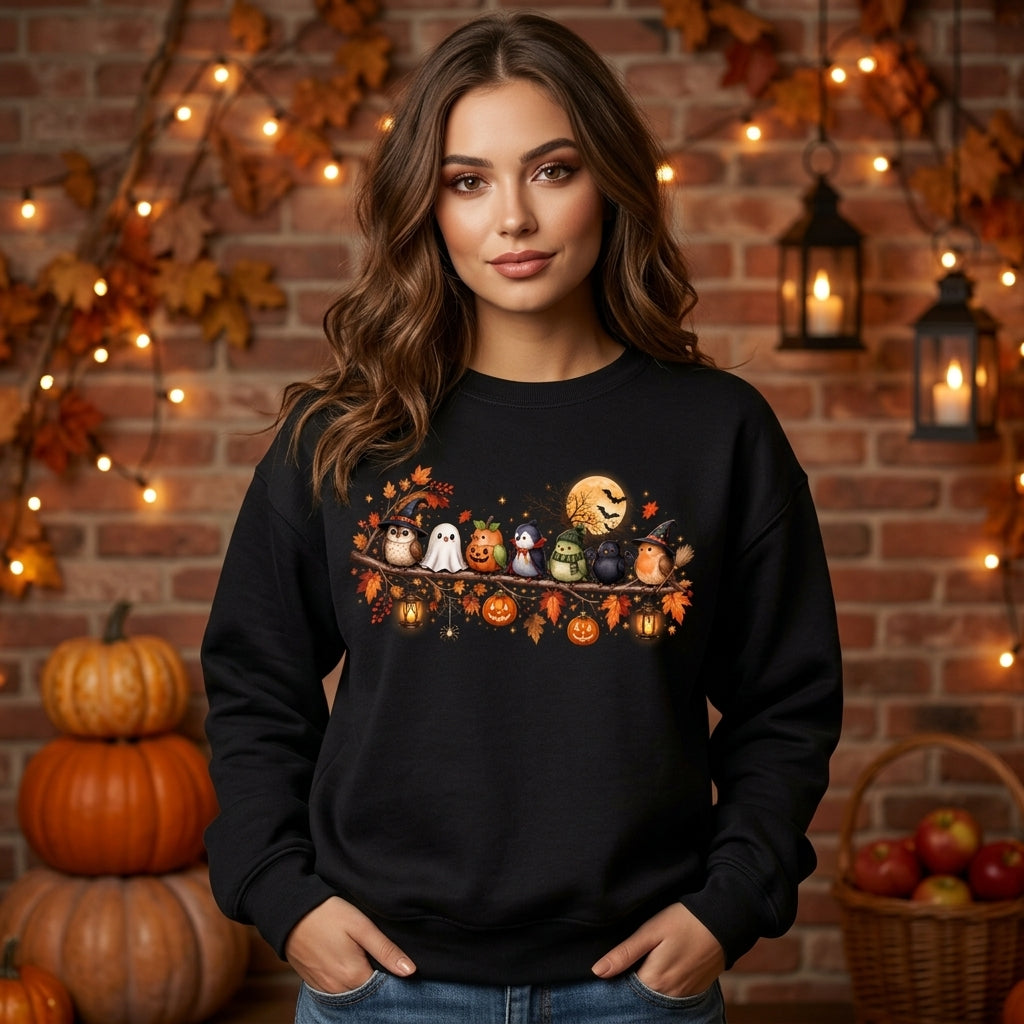 Cute Halloween Birds on a Branch T-shirt Sweatshirt Hoodie – Fall Spooky Season Gift - mockup 2