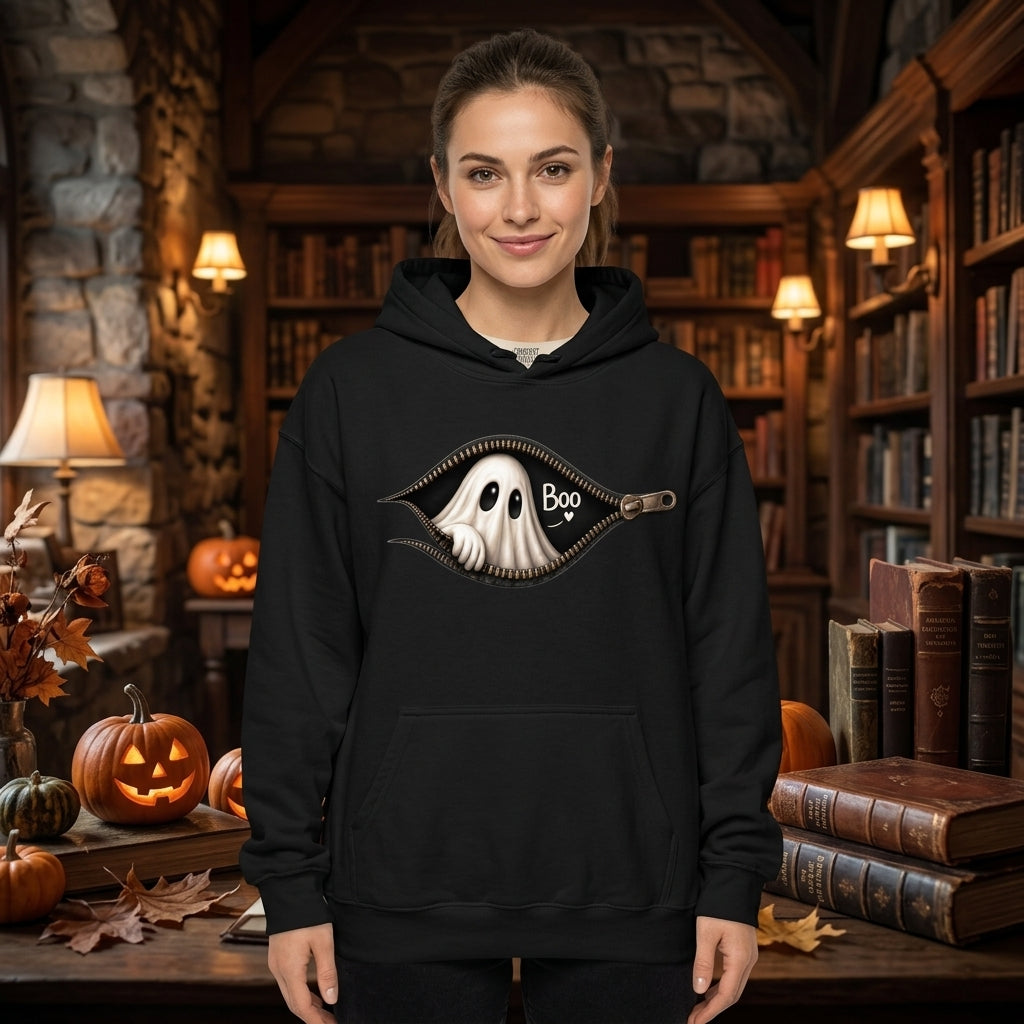 Ghost Peeking Out Zipper Halloween T-shirt Sweatshirt Hoodie – Cute Spooky Gift - mockup 1