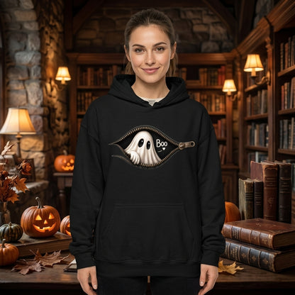 Ghost Peeking Out Zipper Halloween T-shirt Sweatshirt Hoodie – Cute Spooky Gift - mockup 1