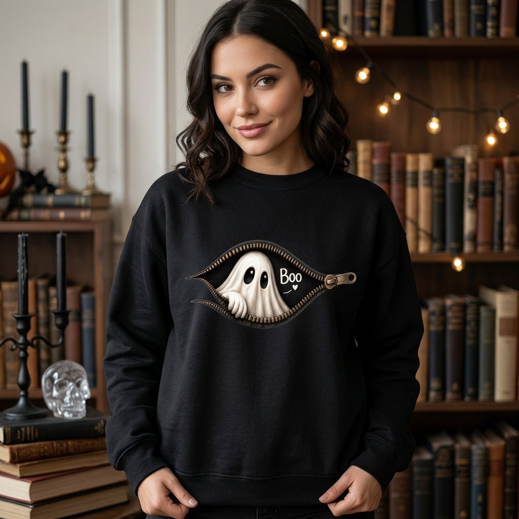 Ghost Peeking Out Zipper Halloween T-shirt Sweatshirt Hoodie – Cute Spooky Gift - mockup 2